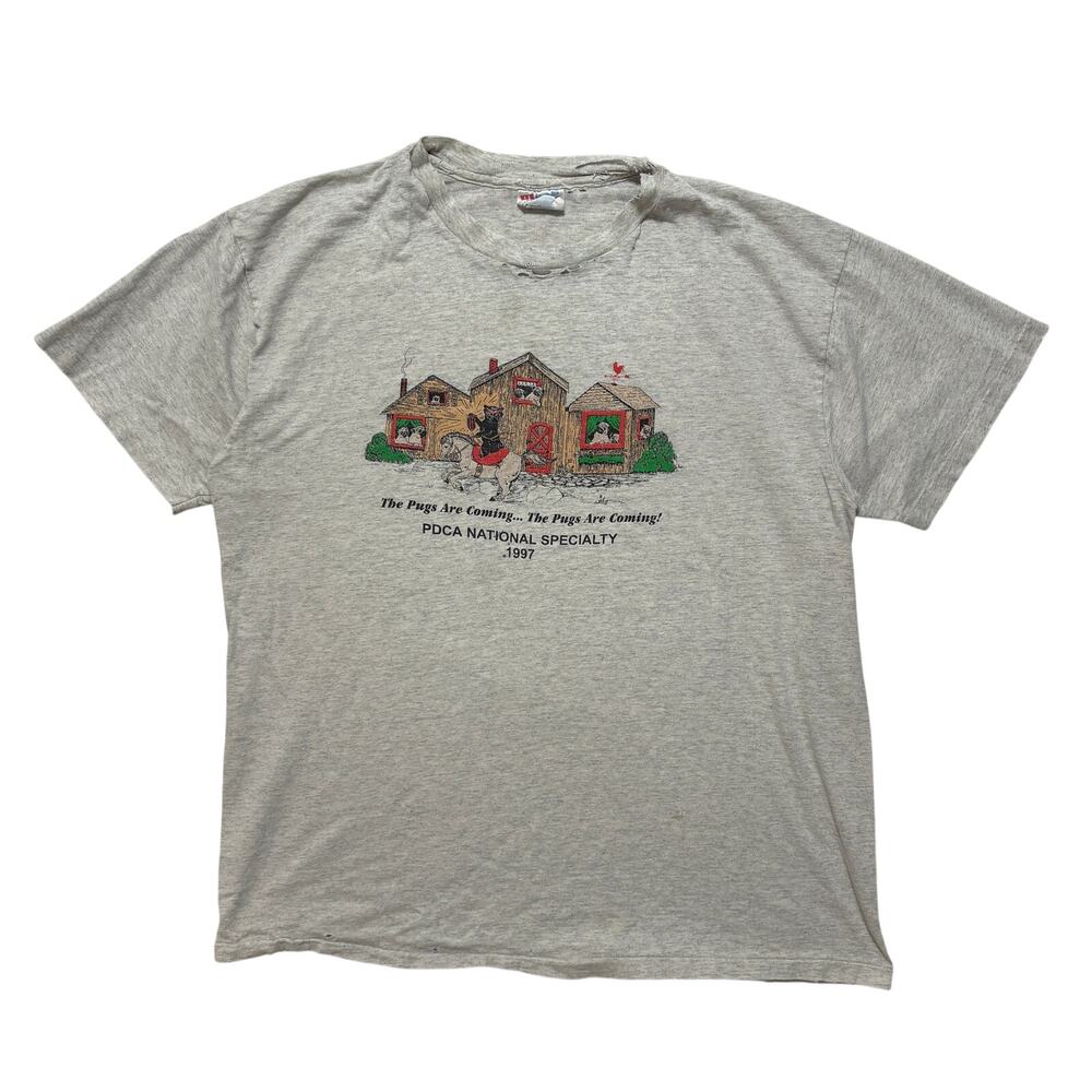 VTG 90's The Pugs Are Coming Dog Humor Funny Distressed T-Shirt Gray Men's L